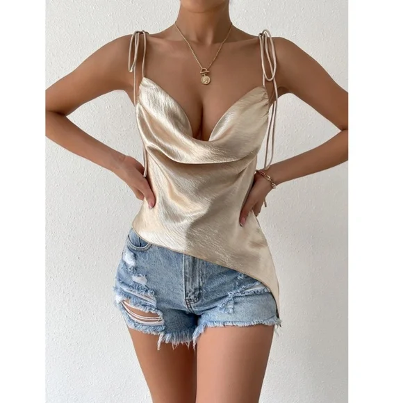 Champagne Color Glamorous Cowl Neck Ties Straps Camisole Top Satin - Picture 6 of 10